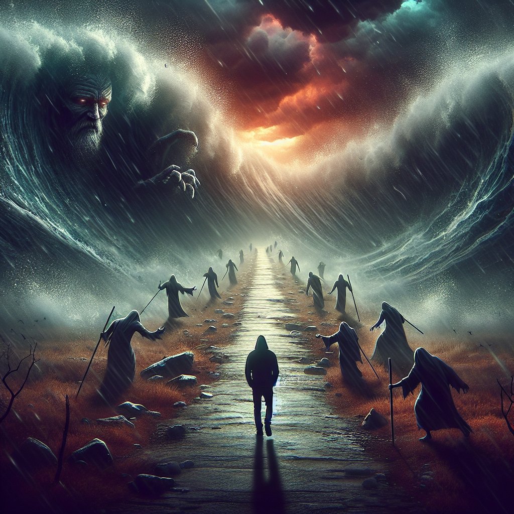 Job 30:13 - "They mar my path, they set forward my calamity, they have no helper."
Create a dramatic digital art interpretation of a scene inspired by Job 30:13 - 'They mar my path, they set forward my calamity, they have no helper.' A lonely figure walks a path strewn with obstacles, while faceless entities push a looming misfortune - possibly a storm or gigantic wave, to symbolize calamity - towards them. Contrasting colors and somber tones accentuate the solitary struggle of the figure. The scene portrays the concept of feeling alone in the face of adversity, with no clear source of help.