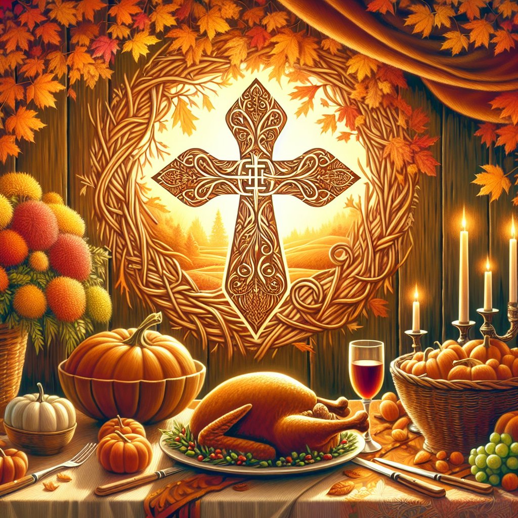 fall thanksgiving
Create a digital art piece that depicts a fall Thanksgiving scene with a respectful and devotional nod to Christianity. The imagery could include a warm Thanksgiving dinner set against the backdrop of fall foliage, possibly intertwining Christian symbols subtly into the decor. Please abstain from using any text or words in the design.
