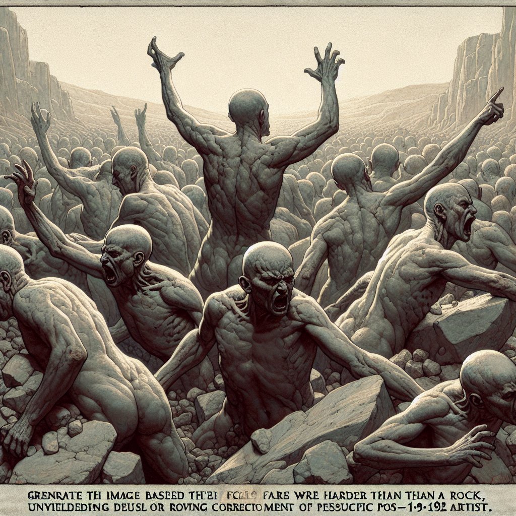 Jeremiah 5:3 - "O LORD, are not thine eyes upon the truth? thou hast stricken them, but they have not grieved; thou hast consumed them, but they have refused to receive correction: they have made their faces harder than a rock; they have refused to return."
Generate an image based on the biblical verse Jeremiah 5:3, depicting figures with defiant expressions as if their faces were harder than a rock, unyielding even as some form of chastisement appears to consume them, symbolic of refusing correction. Their surroundings are barren, reflecting their refusal to return. The medium used should resemble Digital Art without referring to a specific post-1912 artist.
