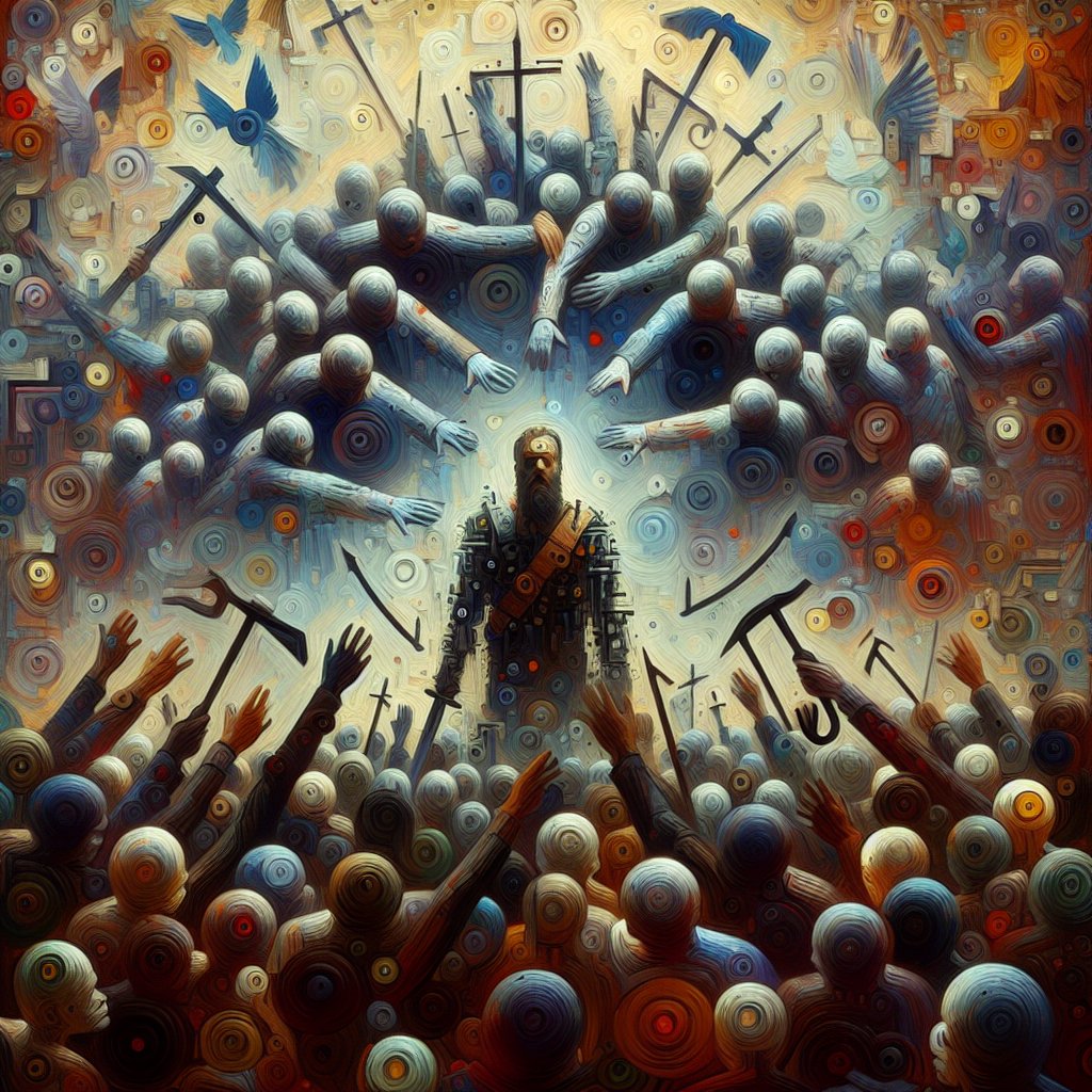Psalms 17:9 - "From the wicked that oppress me, from my deadly enemies, who compass me about."
A creative visualization of Psalms 17:9 - 'From the wicked that oppress me, from my deadly enemies, who compass me about.' Immerse in an emotional scene illustrating this phrase in a non-literal format. Capture the feeling of being oppressed and surrounded by numerous symbolically represented enemies, using the abstract elements of shapes, colors, and light. Use a medium reminiscent of classic oil painting, to adhere to the art restrictions. Please avoid modern and contemporary art styles, such as digital art.