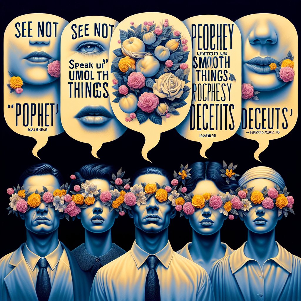 Isaiah 30:10 - "Which say to the seers, See not; and to the prophets, Prophesy not unto us right things, speak unto us smooth things, prophesy deceits:"
A digital art-style representation of Isaiah 30:10. The visuals portray individuals with closed eyes symbolizing 'See not', next to prophets with hushed lips symbolizing 'Prophesy not unto us right things'. Speech bubbles from the public convey the 'speak unto us smooth things, prophesy deceits', filled with flowery and soothing, yet deceptive images. The overall tone of the image is dramatic and poignant, adhering to the scripture's essence.