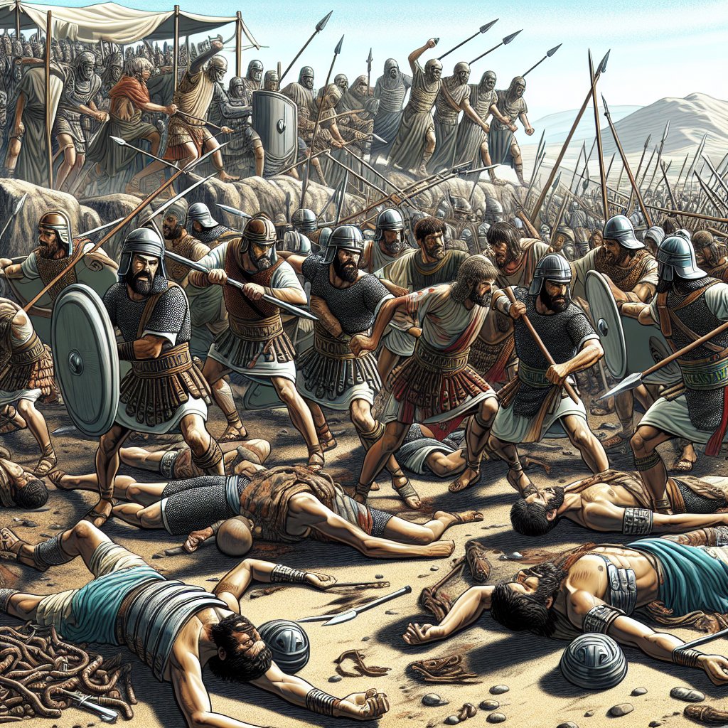 2 Samuel 2:31 - "But the servants of David had smitten of Benjamin, and of Abner's men, so that three hundred and threescore men died."
Illustrate an intense ancient battle scene set in a rugged, barren landscape. The soldiers are from two factions: David's servants and Abner's men. It's clear that David's servants, a group of Caucasian and Middle-Eastern men, have the upper hand. They are successfully fighting against Abner's men, consisting of Black and South-Asian soldiers. Sadly, the aftermath of the battle is grim, with about 360 fallen soldiers from Abner's side. Bodies splay across the arid ground, reminding us of the brutal reality of warfare. All of it unfolding in a digital art style, with crisp lines and vibrant contrasting colors.