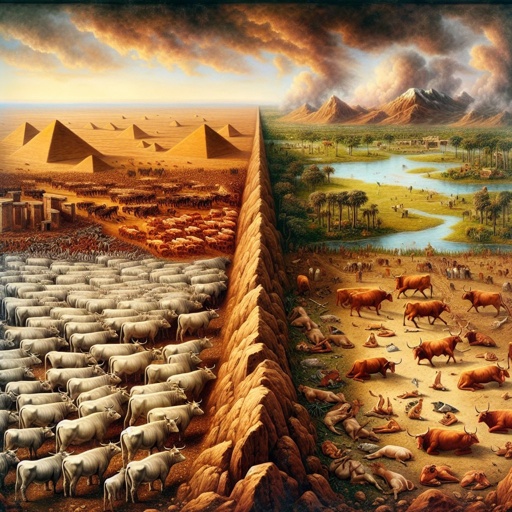 Exodus 9:6 - "And the LORD did that thing on the morrow, and all the cattle of Egypt died: but of the cattle of the children of Israel died not one."

An interpretation of Exodus 9:6, where there is a distinct contrast between the fate of cattle in two lands. On one side, all cattle in an area resembling ancient Egypt are lying lifeless, reflecting the Biblical event of their sudden death. The landscape overflows with iconic symbols of ancient Egyptian civilization including pyramids and hieroglyphics. However, on the other side, the cattle in an area incorporated with ancient Israeli symbols flourish in health and vitality, unaffected by the event. The border between these two lands is clear and stark. Render this all in a manner reflecting digital art techniques.