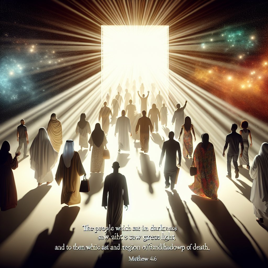 Matthew 4:16 - "The people which sat in darkness saw great light; and to them which sat in the region and shadow of death light is sprung up."
Create an image capturing a devotional and respectful interpretation of a biblical verse from Matthew 4:16, 'The people which sat in darkness saw great light; and to them which sat in the region and shadow of death light is sprung up.' The scene should depict people coming out of darkness into a radiant, hopeful light symbolizing faith and life. The individuals should embody a diverse mix of descents including, Middle-Eastern, Hispanic, and Black people. The image should be in a modern digital art style, with no text or words included.