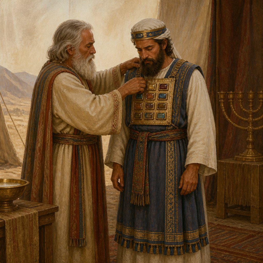 "And thou shalt take the garments, and put upon Aaron the coat, and the robe of the ephod, and the ephod, and the breastplate, and gird him with the curious girdle of the ephod:" - Exodus 29:5