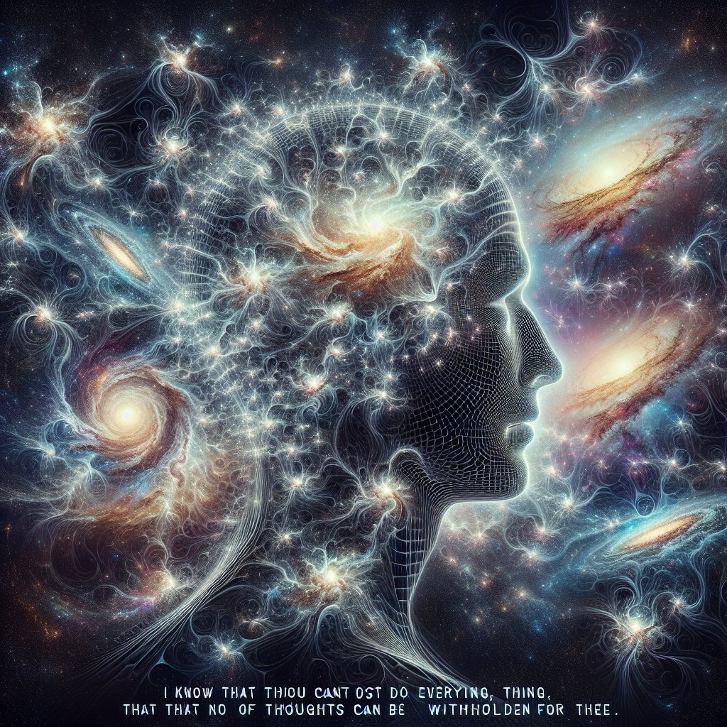 Job 42:2 - "I know that thou canst do every thing, and that no thought can be withholden from thee."
An intricate interpretation of Job 42:2, "I know that thou canst do every thing, and that no thought can be withholden from thee." This elaborate digital art piece captures the spirit of the quote, with an ethereal backdrop of the infinite cosmos showcasing myriad stars, galaxies, and celestial bodies signifying ultimate power and limitless knowledge. A faint silhouette of a human mind is imposed on this cosmic backdrop, the lines filled with glowing thought bubbles, symbolizing the transparency of thoughts. Words of the scripture flow rhythmically across the galaxies as if whispered into the unfathomable depths of the universe.