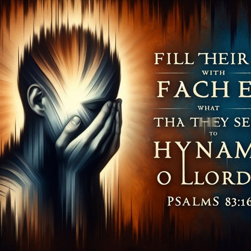 Psalms 83:16 - "Fill their faces with shame; that they may seek thy name, O LORD."

Create a digital art representation of a profound scripture verse, Psalms 83:16 - 'Fill their faces with shame; that they may seek thy name, O LORD.' Visually, the image should capture the emotion and depth of this verse.