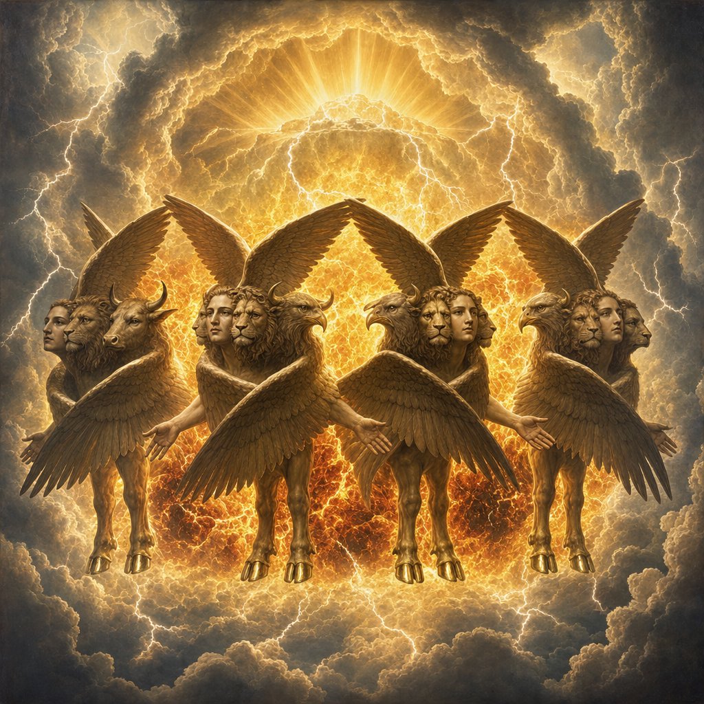 Hes 1 an immense cloud with flashing lightning and surrounded by brilliant light. The centre of the fire looked like glowing metal,
5 and in the fire was what looked like four living creatures. In appearance their form was human,
6 but each of them had four faces and four wings.
7 Their legs were straight; their feet were like those of a calf and gleamed like burnished bronze.
8 Under their wings on their four sides they had human hands. All four of them had faces and wings,
9 and the wings of one touched the wings of another. Each one went straight ahead; they did not turn as they moved.
10 Their faces looked like this: each of the four had the face of a human being, and on the right side each had the face of a lion, and on the left the face of an ox; each also had the face of an eagle.
11 Such were their faces. They each had two wings spreading out upwards, each wing touching that of the creature on either side; and each had two other wings covering its body.
12 Each one went straight ahead. Wherever the spirit would go, they would go, without turning as they went.
13 The appearance of the living creatures was like burning coals of fire or like torches. Fire moved back and forth among the creatures; it was bright, and lightning flashed out of it.