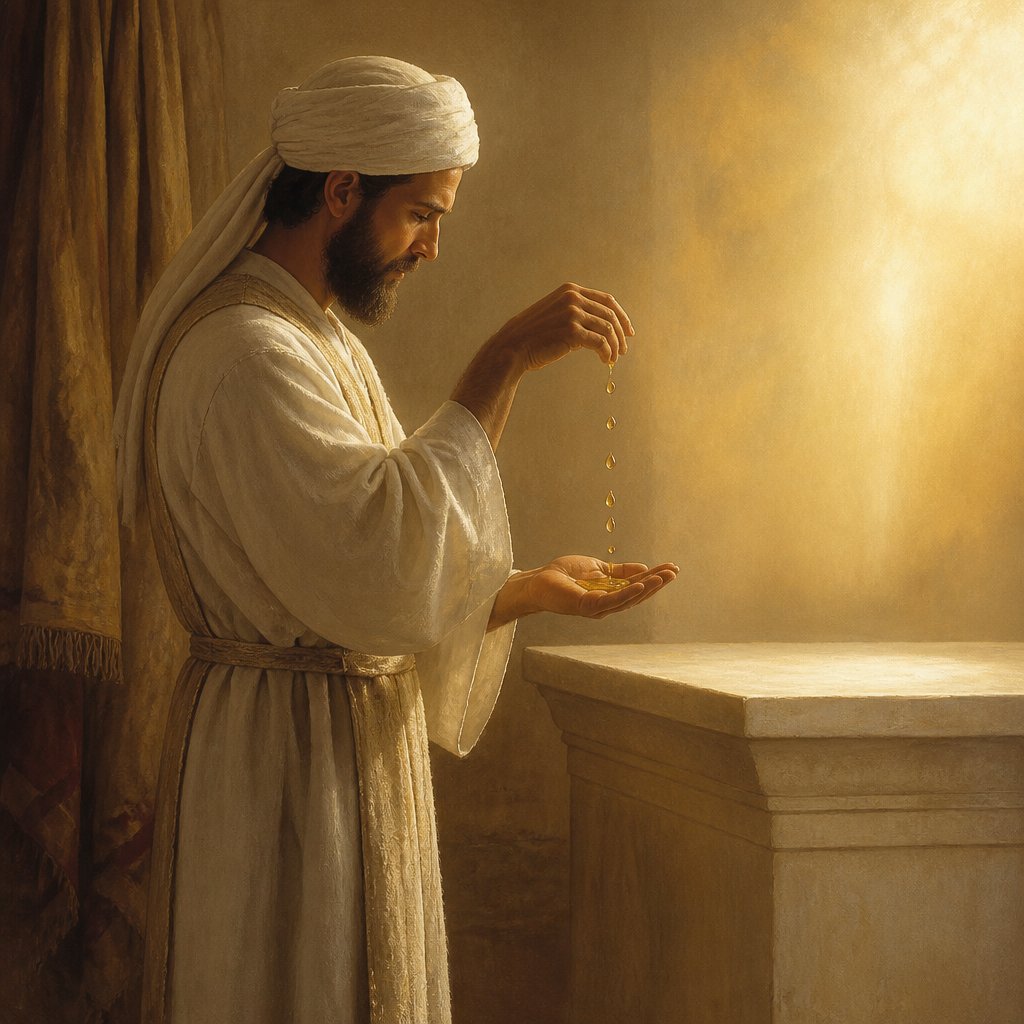 "And the priest shall sprinkle with his right finger some of the oil that is in his left hand seven times before the LORD:" - Leviticus 14:{verse.verse_number}