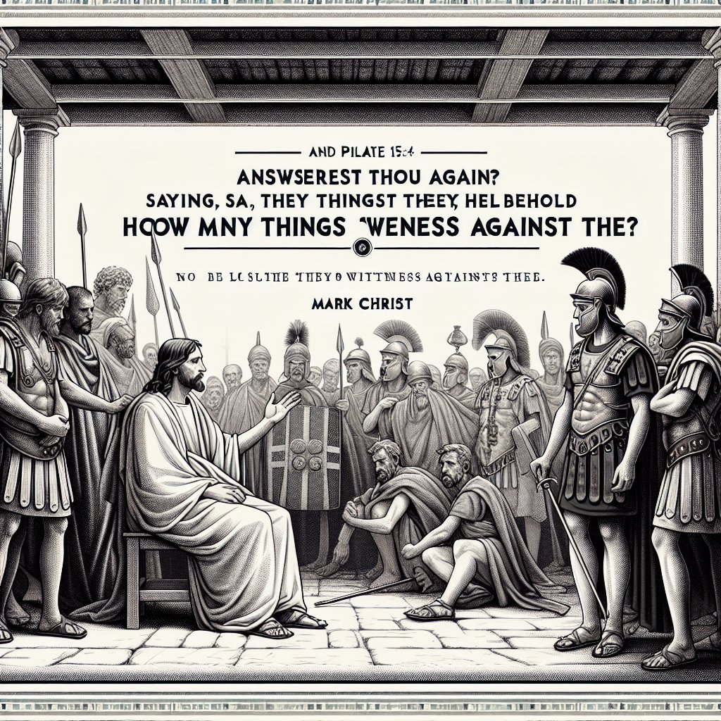 Mark 15:4 - "And Pilate asked him again, saying, Answerest thou nothing? behold how many things they witness against thee."
An historical scene displaying the narration of Mark 15:4 from the Bible, 'And Pilate asked him again, saying, Answerest thou nothing? behold how many things they witness against thee.' The scene shows a Roman governor querying Jesus Christ, who remains silent, despite the numerous testimonies against him. The illustration is to be conveyed utilizing a more contemporary digital art style, mimicking modern mediums and capturing the weight of the moment.