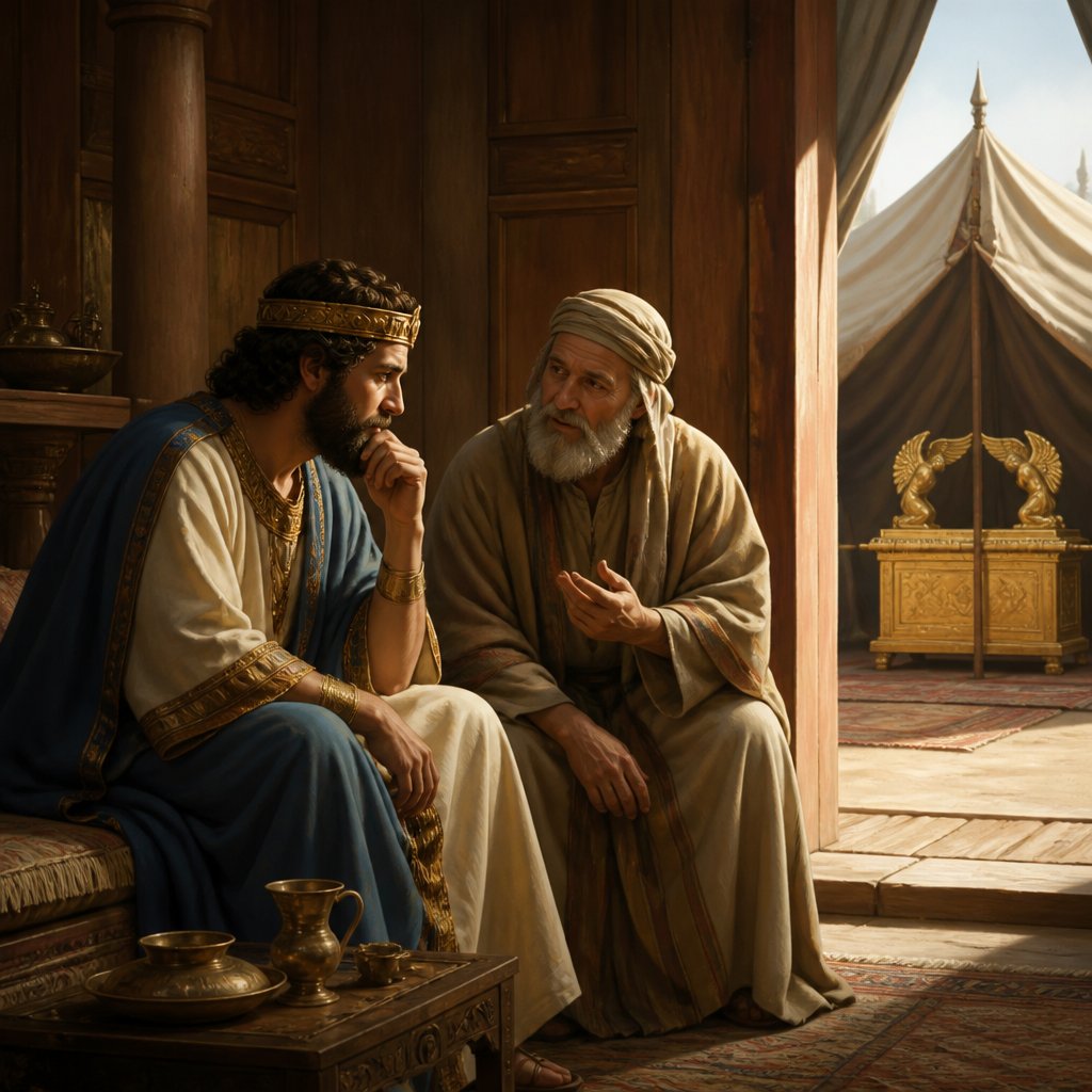 "Now it came to pass, as David sat in his house, that David said to Nathan the prophet, Lo, I dwell in an house of cedars, but the ark of the covenant of the LORD remaineth under curtains." - 1 Chronicles 17:{verse.verse_number}