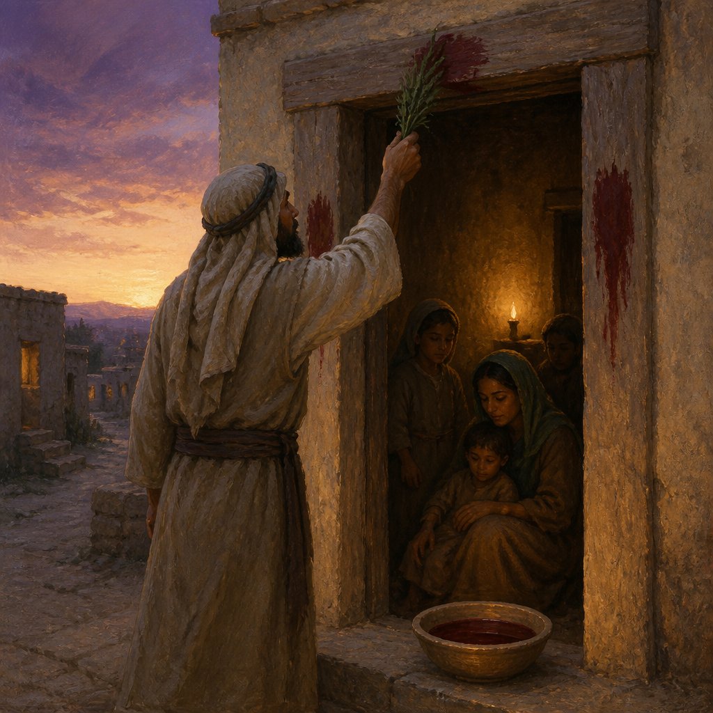 "And ye shall take a bunch of hyssop, and dip it in the blood that is in the bason, and strike the lintel and the two side posts with the blood that is in the bason; and none of you shall go out at the door of his house until the morning." - Exodus 12:{verse.verse_number}