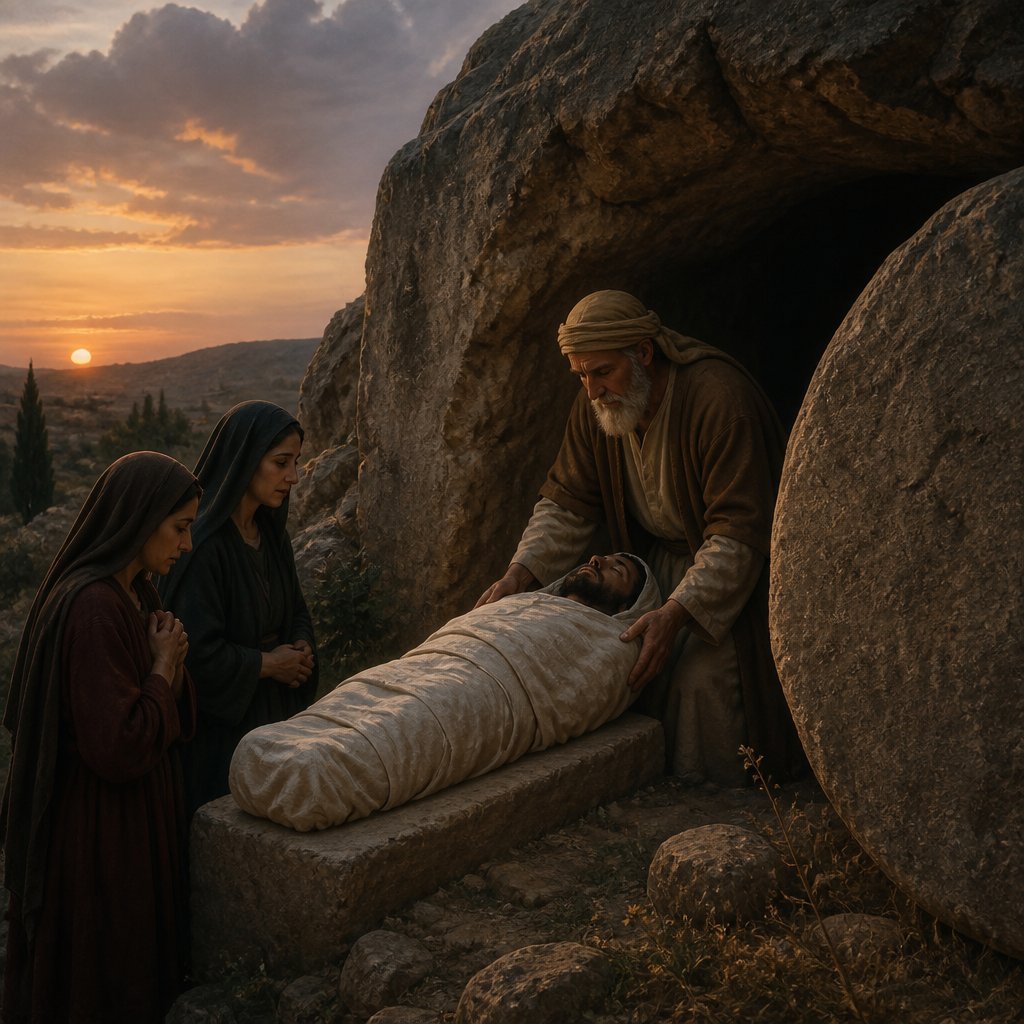 "And now when the even was come, because it was the preparation, that is, the day before the sabbath, Joseph of Arimathaea, an honourable counsellor, which also waited for the kingdom of God, came, and went in boldly unto Pilate, and craved the body of Jesus. And Pilate marvelled if he were already dead: and calling unto him the centurion, he asked him whether he had been any while dead. And when he knew it of the centurion, he gave the body to Joseph. And he bought fine linen, and took him down, and wrapped him in the linen, and laid him in a sepulchre which was hewn out of a rock, and rolled a stone unto the door of the sepulchre. And Mary Magdalene and Mary the mother of Joses beheld where he was laid." - Mark 15:42-47