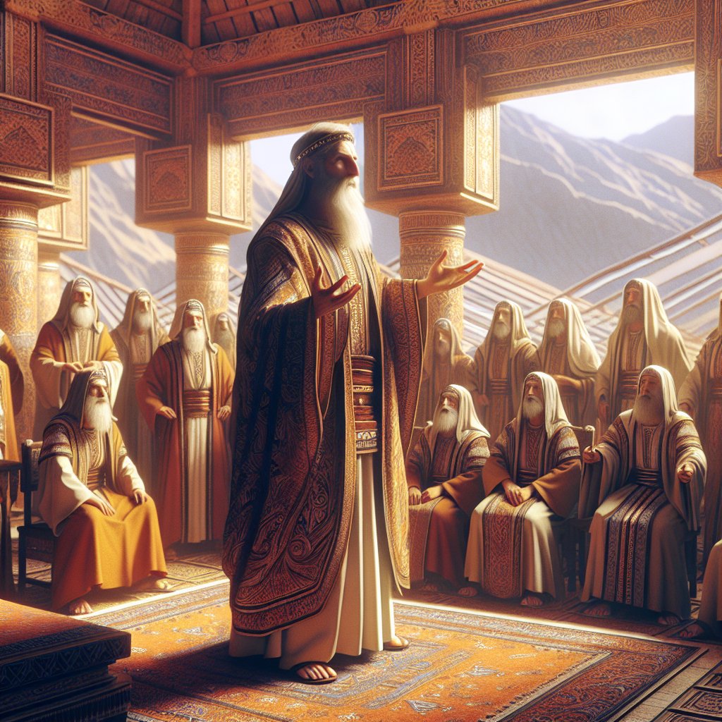 Numbers 3:30 - "And the chief of the house of the father of the families of the Kohathites shall be Elizaphan the son of Uzziel."
Generate an image portraying a scripture scene from Numbers 3:30 - 'And the chief of the house of the father of the families of the Kohathites shall be Elizaphan the son of Uzziel.' The scene should comprise a prominent patriarchal figure, typically a Middle-Eastern man dressed in ancient clothing, standing at the helm of a traditional family setting involving members of the Kohathites. This man, presumably Elizaphan, would be gesturing in a manner that signals his leadership role. The entire depiction must be infused in the modern style of digital art.