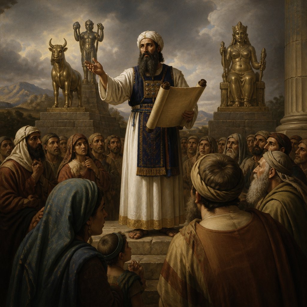 Israelite priest standing in front of a crowd of people with a scroll, teaching them. In the background, are idols.
