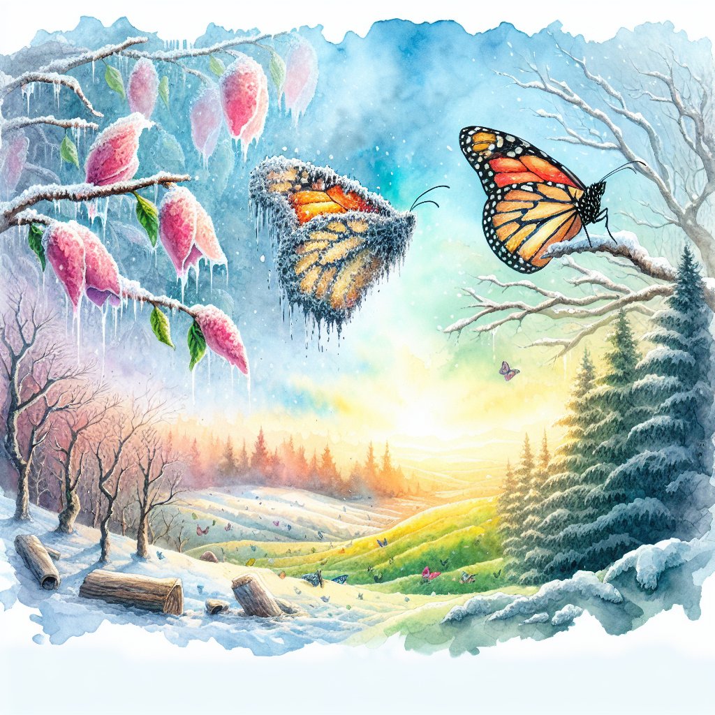 2 Corinthians 5:17 Therefore, if anyone is in Christ, the new creation has come: The old has gone, the new is here!
Create a respectful and devotional watercolor style painting that illustrates the spiritual transformation mentioned in 2 Corinthians 5:17 from Christianity. The concept of 'The old has gone, and the new is here' should be evident, perhaps represented by a butterfly emerging from a cocoon or dull winter scenery transforming into vibrant spring landscape. The spiritual focus and reverence to Christianity should be present, but no text or words should be visible in the composition.