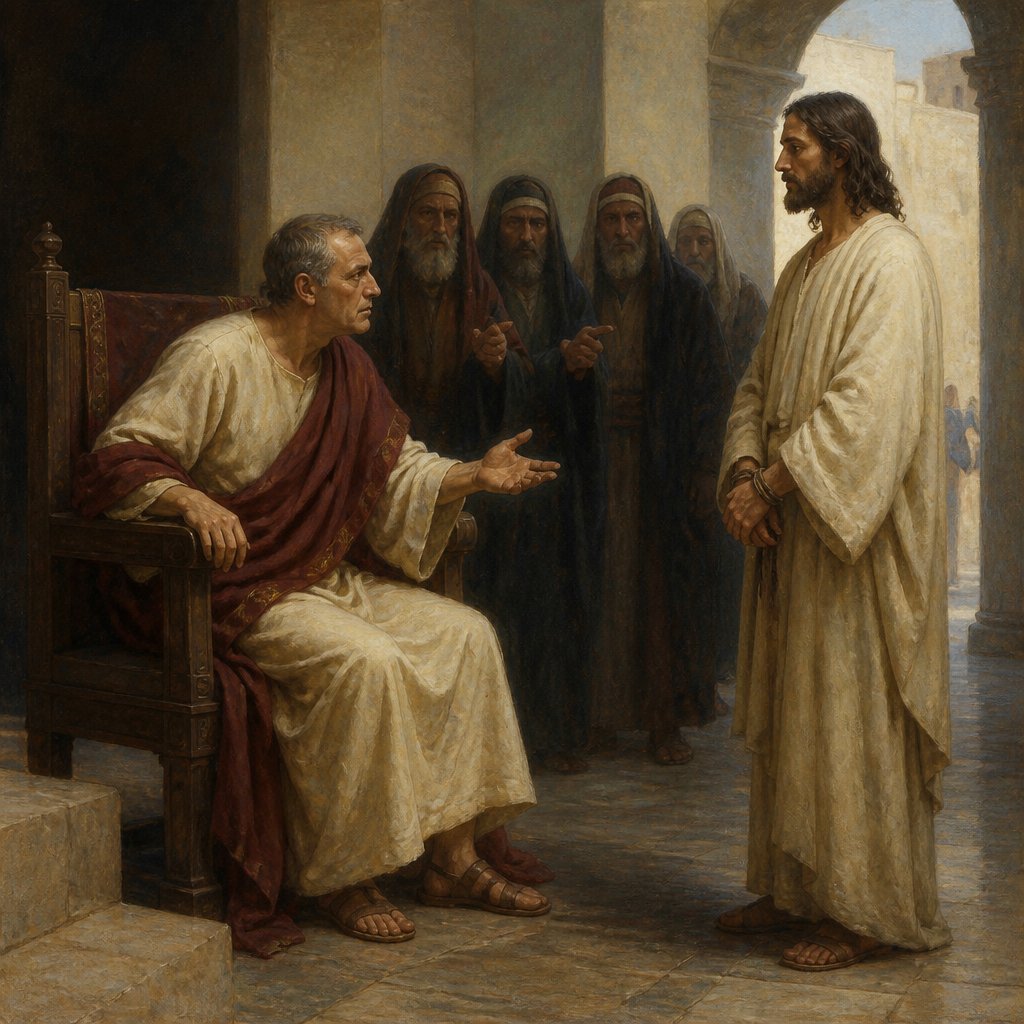 "And Pilate asked him again, saying, Answerest thou nothing? behold how many things they witness against thee." - Mark 15:{verse.verse_number}