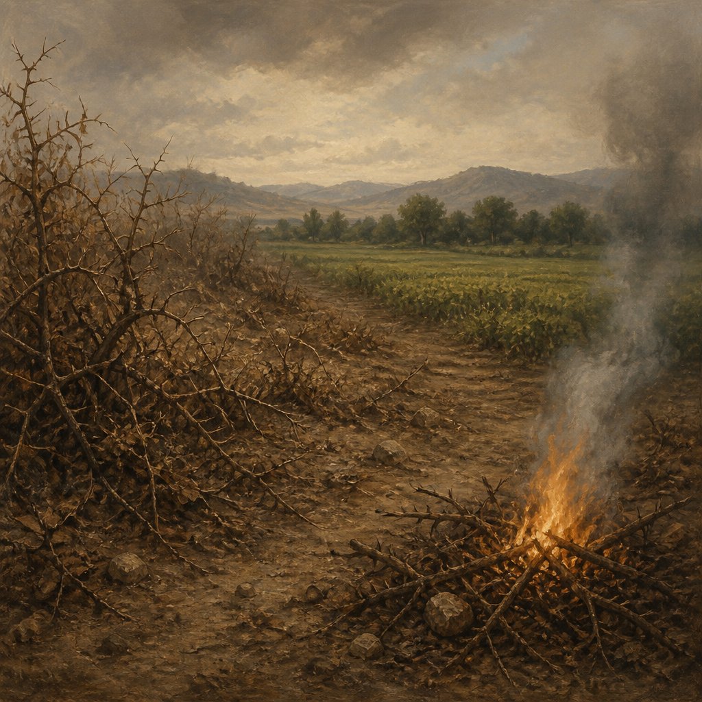 "But that which beareth thorns and briers is rejected, and is nigh unto cursing; whose end is to be burned." - Hebrews 6:{verse.verse_number}