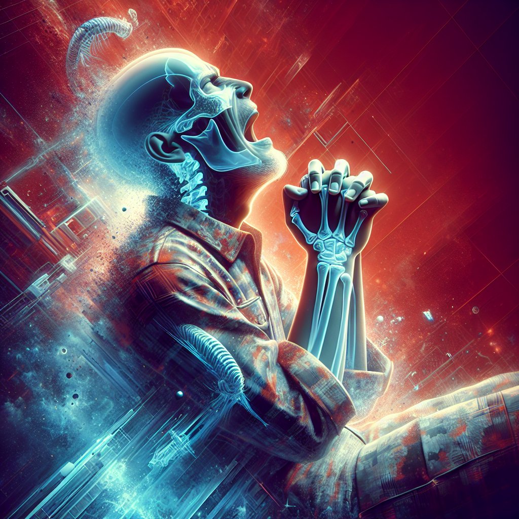Job 33:19 - "He is chastened also with pain upon his bed, and the multitude of his bones with strong pain:"
An individual enduring a strong feeling of discomfort as he lays on his bed, a sensation so intense as if all his bones are aching. A representation of Job 33:19 rendered in a digital art style.
