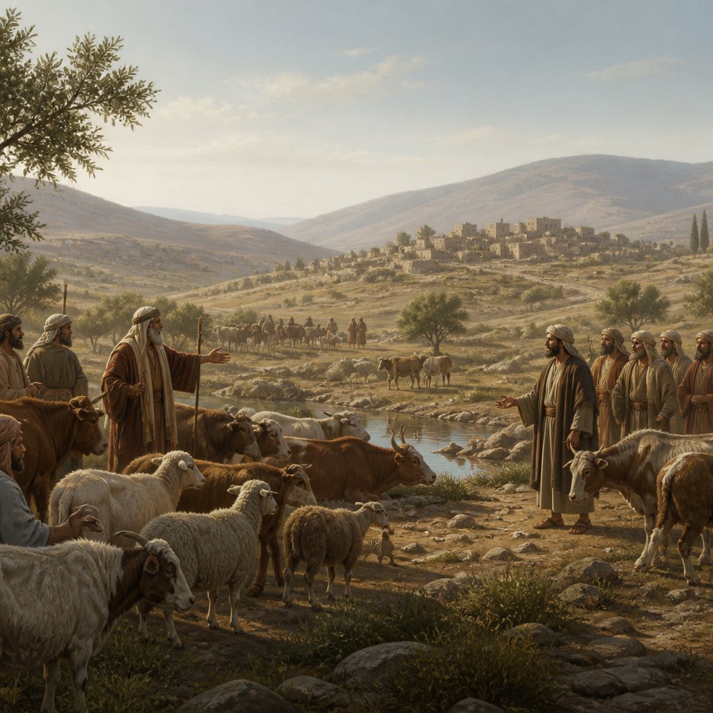 "And there was a strife between the herdmen of Abram's cattle and the herdmen of Lot's cattle: and the Canaanite and the Perizzite dwelled then in the land." - Genesis 13:{verse.verse_number}