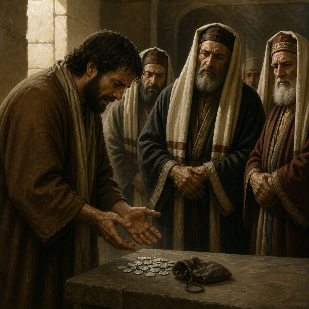 "Then Judas, which had betrayed him, when he saw that he was condemned, repented himself, and brought again the thirty pieces of silver to the chief priests and elders," - Matthew 27:3