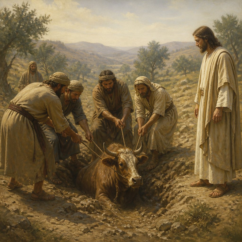"And answered them, saying, Which of you shall have an ass or an ox fallen into a pit, and will not straightway pull him out on the sabbath day?" - Luke 14:5