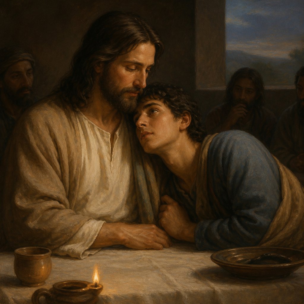 "He then lying on Jesus' breast saith unto him, Lord, who is it?" - John 13:{verse.verse_number}