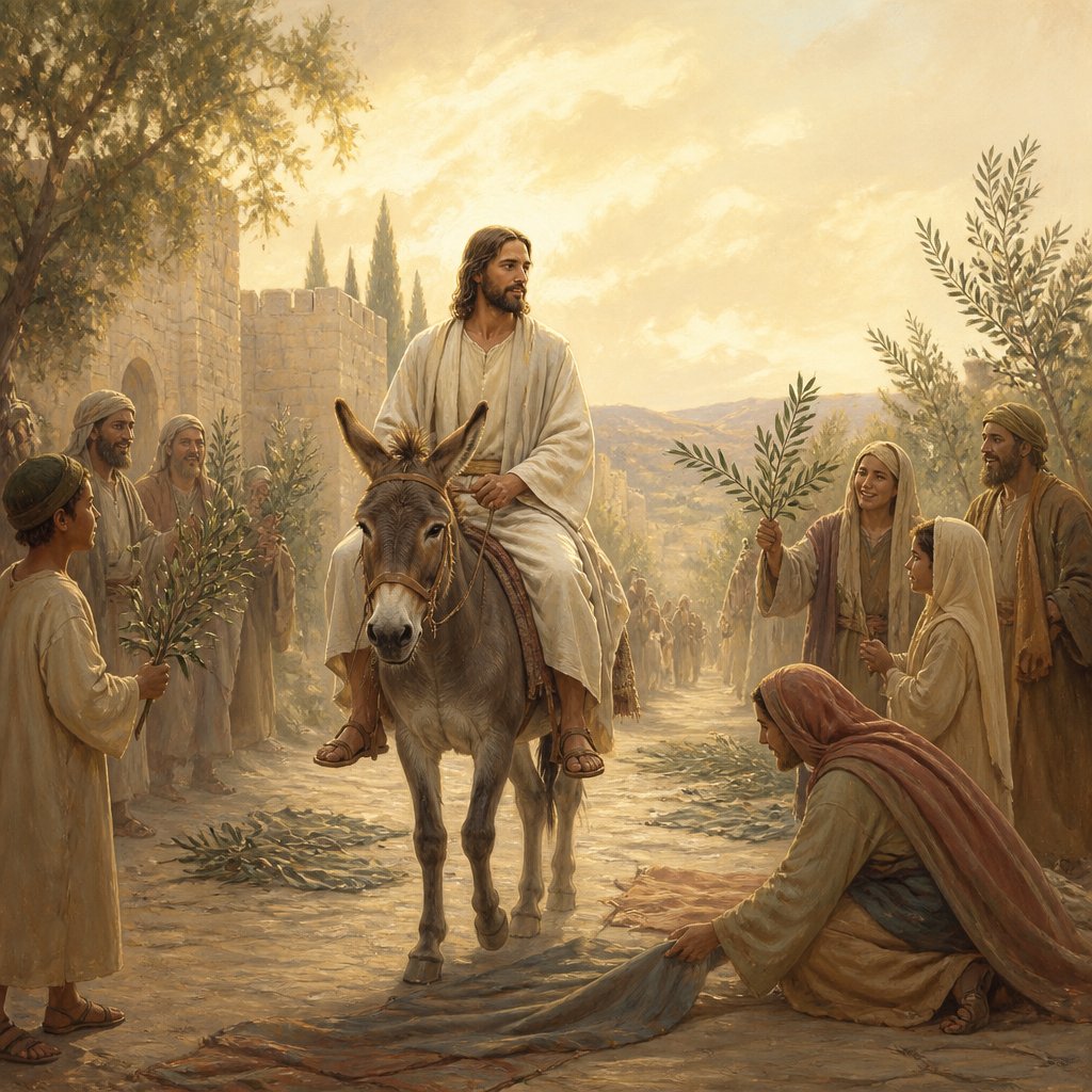 "¶ Rejoice greatly, O daughter of Zion; shout, O daughter of Jerusalem: behold, thy King cometh unto thee: he is just, and having salvation; lowly, and riding upon an ass, and upon a colt the foal of an ass." - Zechariah 9:{verse.verse_number}