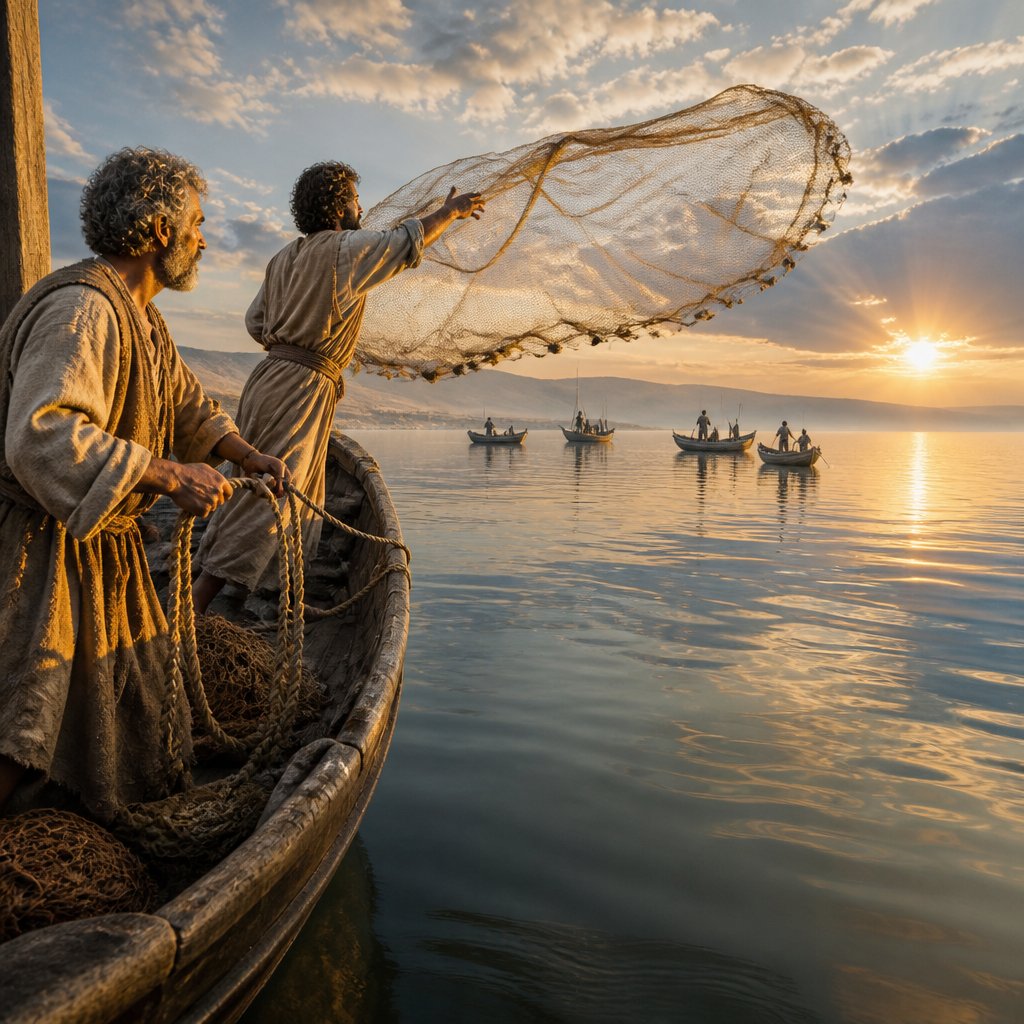 A highly realistic, cinematic Biblical fishing scene at sunrise on the Sea of Galilee. Two ancient Hebrew fishermen casting a large golden fishing net into calm reflective water from a boat. One is an older bearded man with gray hair holding the rope, while the younger man throws the net with both hands. Several small wooden fishing boats with other fishermen are scattered in the background. Warm golden sunlight streams through dramatic clouds, creating soft rays and reflections on the water. Ultra-realistic photography, natural skin textures, authentic first-century clothing in earth tones, detailed woven fishing nets, peaceful atmosphere, shallow depth of field, National Geographic documentary style, 8K, HDR, photorealistic. Landscape 16:11 composition. Place the fishermen on the left third of the image, leaving approximately 40% empty open water and sky on the right side for a sermon title. No text, no border, no vignette, no fade, no blur, no watermark.