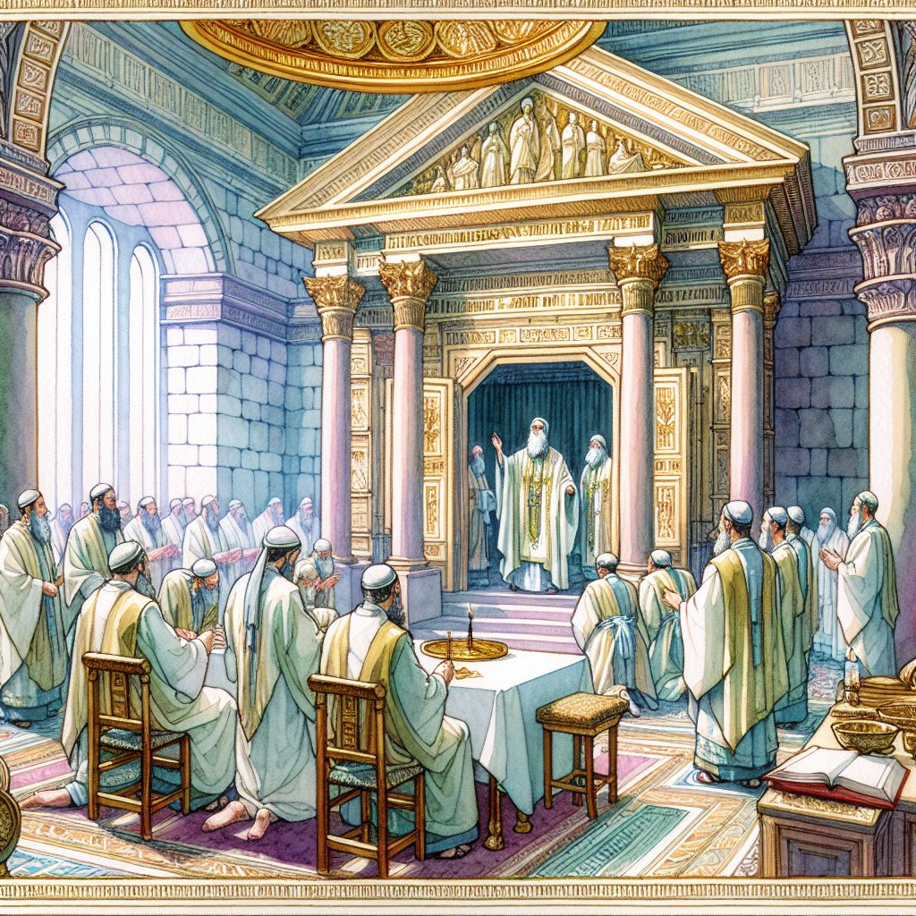 Ezekiel 40:46 (KJVA)
46 And the chamber whose prospect is toward the north is for the priests, the keepers of the charge of the altar: these are the sons of Zadok among the sons of Levi, which come near to the LORD to minister unto him.
A watercolor image depicting the biblical setting of Ezekiel 40:46. A sacred chamber facing the north, intended for the priests, keepers of the altar's charge. Among them, the sons of Zadok, descendants of Levi, are seen drawing closer to their duties, serving in solemn devotion. The atmosphere is filled with reverence as they minister to their Lord. All elements should be depicted in a respectful and devotional manner following Christian iconography, but avoiding any text or words.