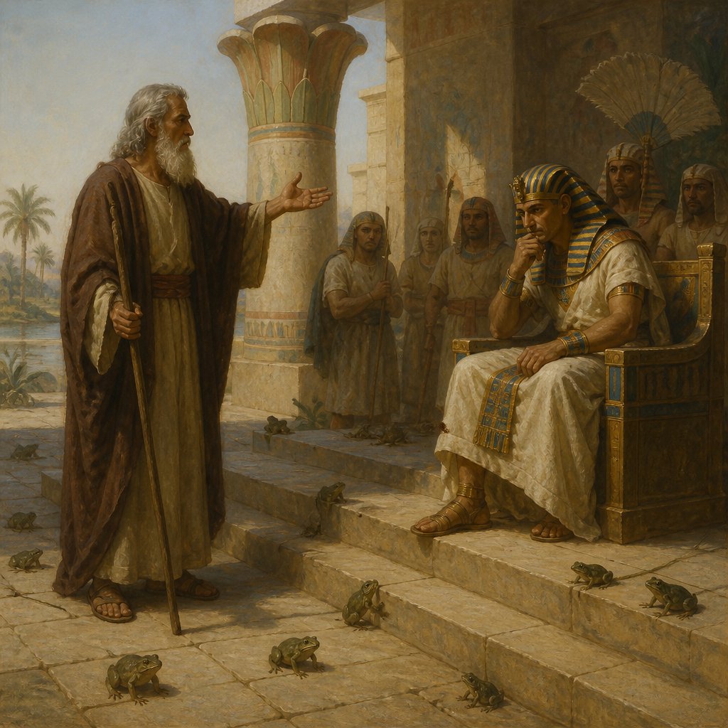 "And Moses said unto Pharaoh, Glory over me: when shall I intreat for thee, and for thy servants, and for thy people, to destroy the frogs from thee and thy houses, that they may remain in the river only?" - Exodus 8:{verse.verse_number}