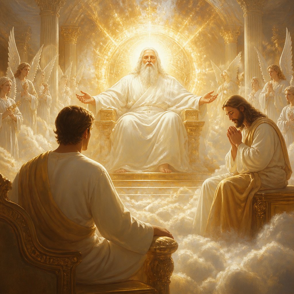God in heaven at the centre, on His right side is Lord Jesus sitting and praying (Eph 1:20, Rom 8:34, Heb 1:3 & 7:25); with me also in heaven (Eph 2:6) and on my right hand is God (Ps 16:8 & 121:5)