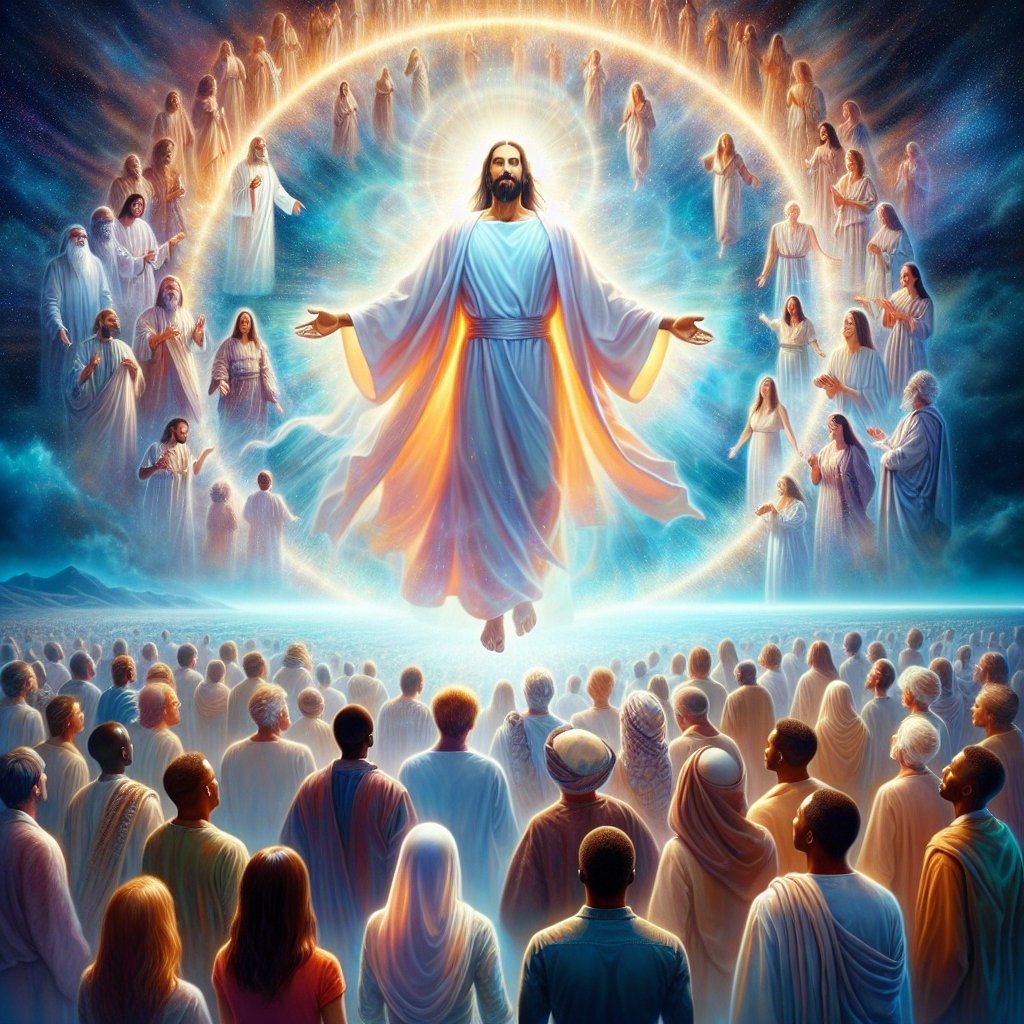 Colossians 3:4 - "When Christ, who is our life, shall appear, then shall ye also appear with him in glory."
Visualize a spiritual scene inspired by the verse from Colossians 3:4 - 'When Christ, who is our life, shall appear, then shall ye also appear with him in glory.' Picture this in the medium of digital art. Imagine a serene setting with a powerful, radiant figure symbolizing Christ appearing in majesty. Suspended around him are a multitude of diverse individuals, both men and women of different descents, like Caucasian, Hispanic, Black, Middle-Eastern, and South Asian. They are all appearing with him, enveloped in an ethereal glow, symbolizing glory.