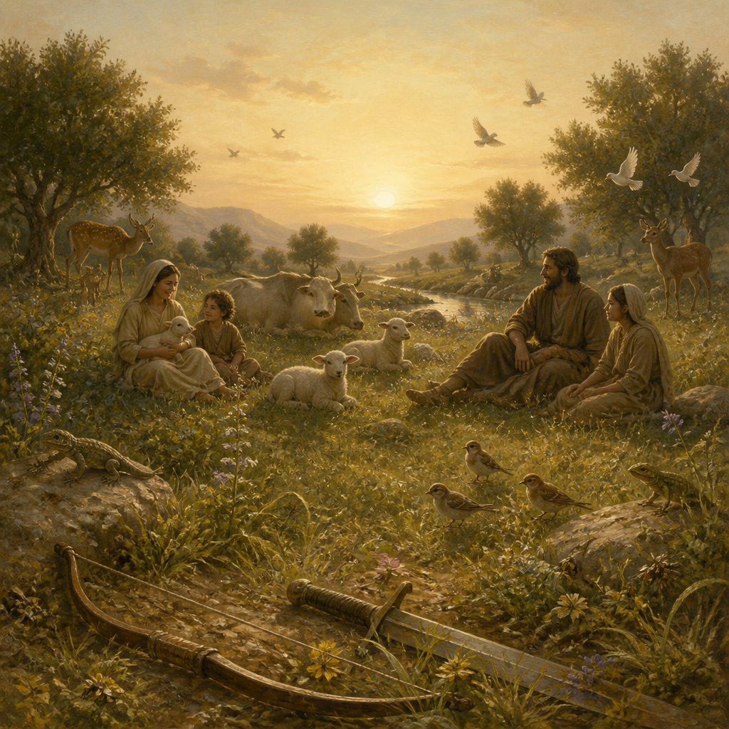 "And in that day will I make a covenant for them with the beasts of the field, and with the fowls of heaven, and with the creeping things of the ground: and I will break the bow and the sword and the battle out of the earth, and will make them to lie down safely." - Hosea 2:{verse.verse_number}