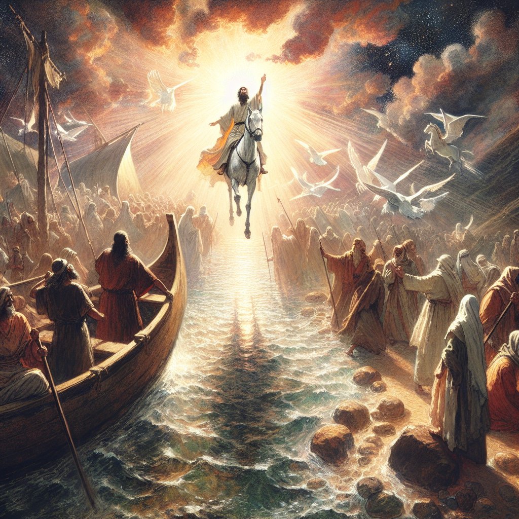 Acts 22:6 - "And it came to pass, that, as I made my journey, and was come nigh unto Damascus about noon, suddenly there shone from heaven a great light round about me."
Create an image representing a journey towards Damascus around noon, where a great light is suddenly shining from the sky enveloping the voyager. The imagery should be inspired by the text from 'Acts 22:6'. The style should resemble pre-1912 artistic movements but through a digital rendering technique.