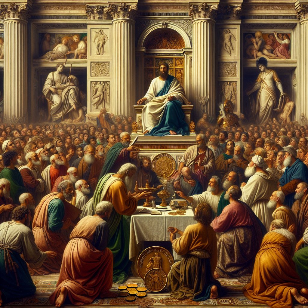God's Servants and Caesar's Coins: Navigating Jurisdiction and Sovereignty
Create a respectful and devotional image inspired by Christianity and themed on 'God's Servants and Caesar's Coins: Navigating Jurisdiction and Sovereignty'. The artwork should echo the richly detailed and realistic styles of the Renaissance period, capturing depth, volume, and perspective. The visual narrative should depict scenes of people navigating between different forms of authority and power, embodying the spiritual and worldly realms. The characters should be depicted in a range of ages, gender and descent, including Caucasian, Black, South Asian, Hispanic, and Middle-Eastern. Remember to maintain a respectful approach while interpreting religious themes. No text or words should be included in the image.