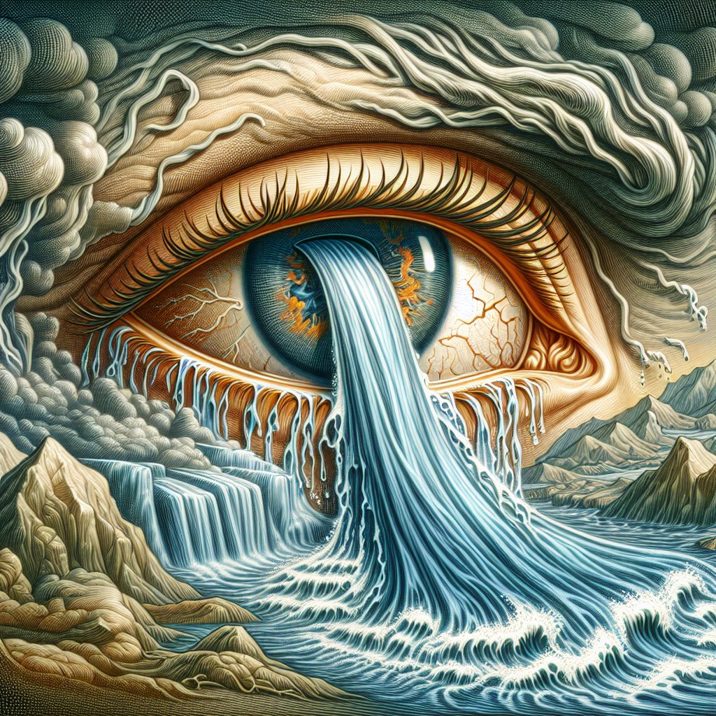 Lamentations 3:48 - "Mine eye runneth down with rivers of water for the destruction of the daughter of my people."
Visualize the verse 'Lamentations 3:48 - "Mine eye runneth down with rivers of water for the destruction of the daughter of my people."' with the impact of the verse being depicted metaphorically. Show an eye on the verge of shedding a tear which transforms into a powerful, cascading river. The river embodies sorrow and is directed towards a symbolic representation of destruction. Please avoid using any likeness to actual humanoid figures or structures in the representation of 'destruction'. All these are to be depicted using digital illustration techniques and mediums.