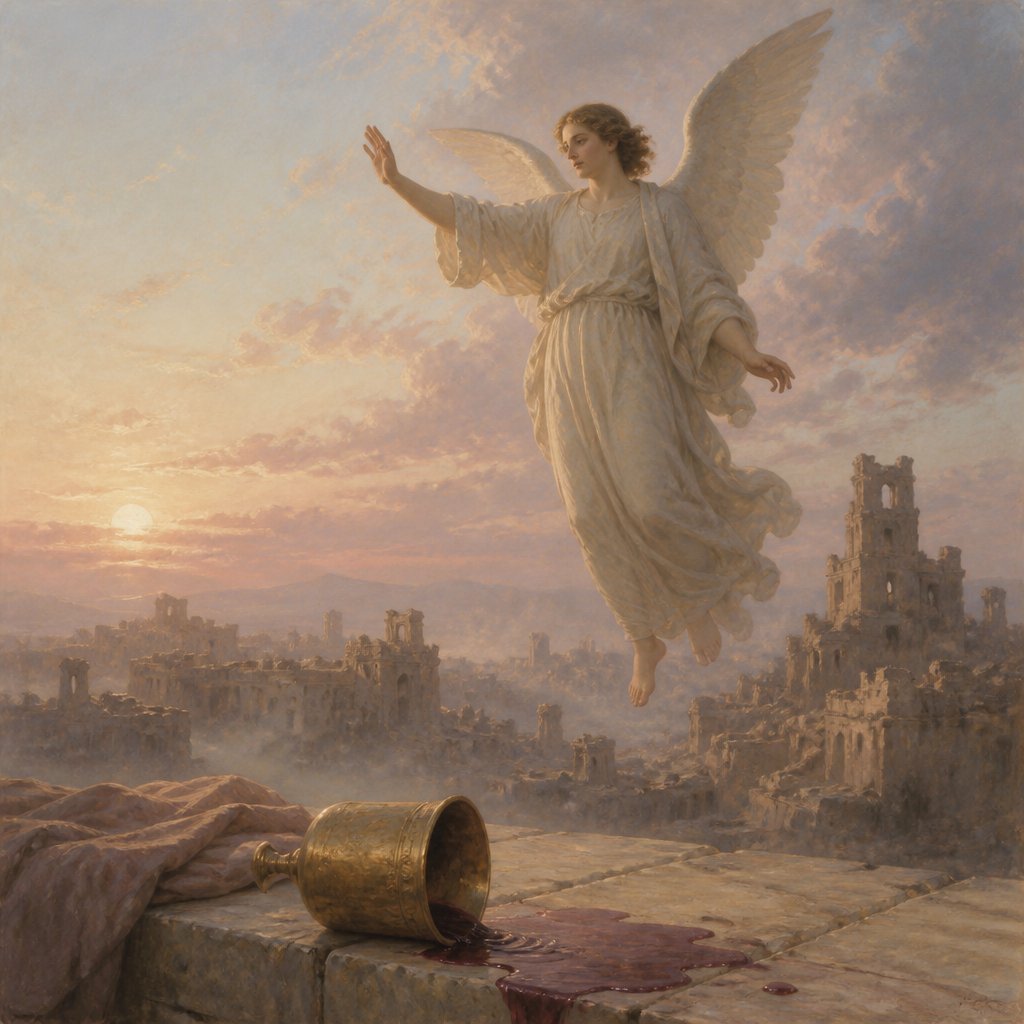 "And there followed another angel, saying, Babylon is fallen, is fallen, that great city, because she made all nations drink of the wine of the wrath of her fornication." - Revelation 14:{verse.verse_number}