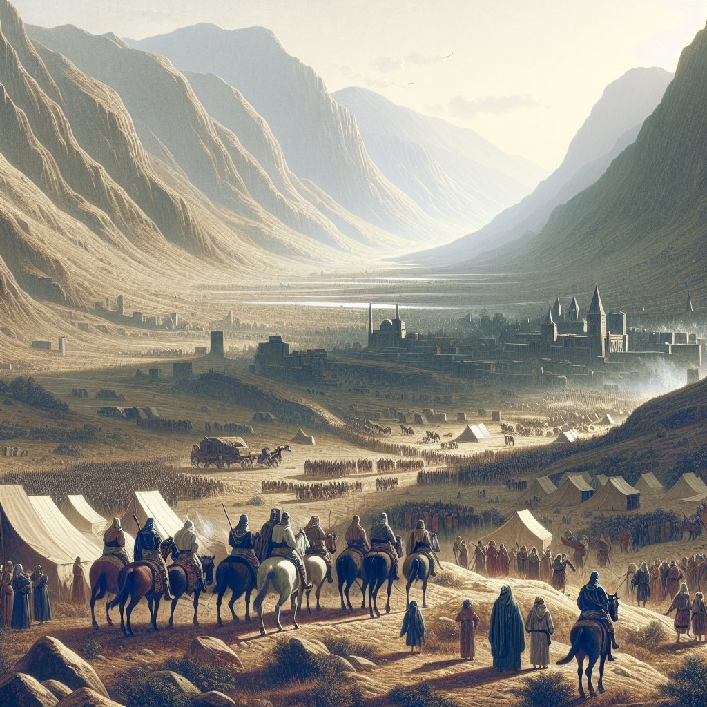Joshua 8:11 - "And all the people, even the people of war that were with him, went up, and drew nigh, and came before the city, and pitched on the north side of Ai: now there was a valley between them and Ai."
Create a scene from the biblical narrative of Joshua 8:11, capturing the moment just before a historic battle. The people, including seasoned warriors, are journeying along, approaching the city situated on the opposite side of a valley. The city, Ai, is situated far off, separated by a wide expanse of the valley. In response to their approach, the mass of people has set up a camp on the city's northern flank. Please present this composition using a visual style that captures the essence and aesthetics of early, pre-1912 digital art.