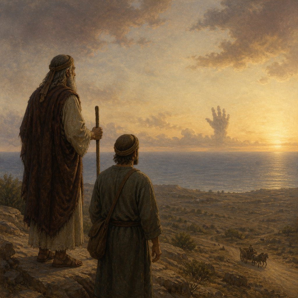 "And it came to pass at the seventh time, that he said, Behold, there ariseth a little cloud out of the sea, like a man's hand. And he said, Go up, say unto Ahab, Prepare thy chariot, and get thee down, that the rain stop thee not." - 1 Kings 18:{verse.verse_number}