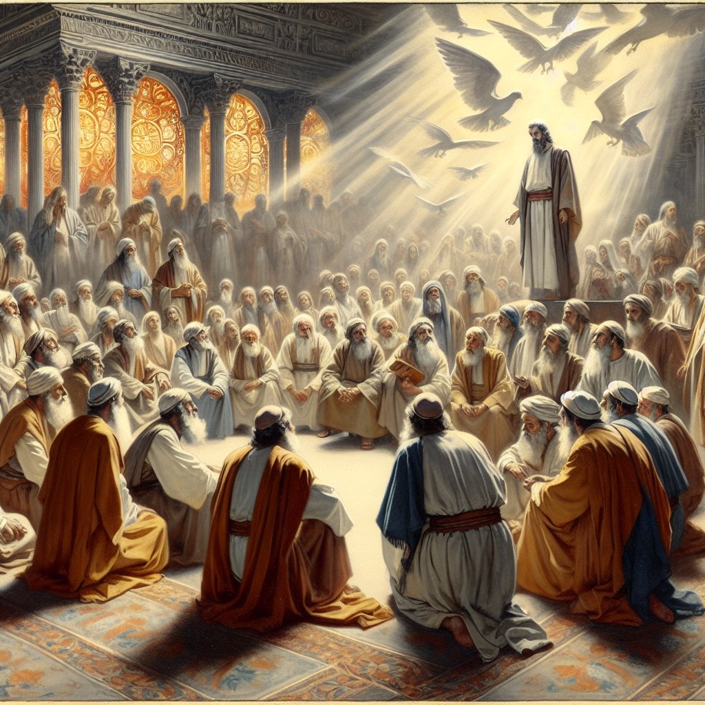 Num 16:11 (KJVA)
11 For which cause both thou and all thy company are gathered together against the LORD: and what is Aaron, that ye murmur against him?
A respectful and devotional scene inspired by verse Num 16:11 from the King James Version of the Bible, 'For which cause both thou and all thy company are gathered together against the LORD: and what is Aaron, that ye murmur against him?'. The scene includes a gathering of people in earnest discussion against a backdrop of divine light, signifying the presence of the LORD. Aaron should be depicted as a man of Middle-Eastern descent standing apart from the crowd, looking contemplative. Create it in the style reminiscent of artists who worked before 1912, using a medium similar to watercolor. No text or words should be included in the image.