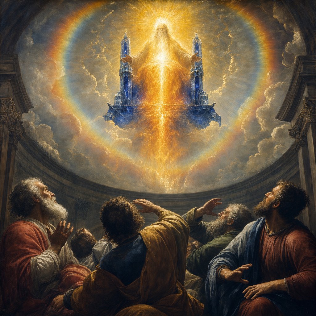 And above the dome over their heads there was something like a throne, in appearance like sapphire, and seated above the likeness of the throne was something that seemed like a human form. Upward from what appeared like the loins I saw something like gleaming amber, something that looked like fire enclosed all around, and downward from what looked like the loins I saw something that looked like fire, and there was a splendor all around. Like the bow in a cloud on a rainy day, such was the appearance of the splendor all around. This was the appearance of the likeness of the glory of the Lord.