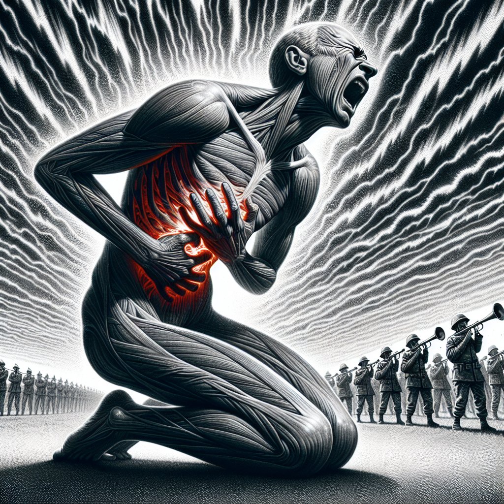 Jeremiah 4:19 - "¶ My bowels, my bowels! I am pained at my very heart; my heart maketh a noise in me; I cannot hold my peace, because thou hast heard, O my soul, the sound of the trumpet, the alarm of war."
A stark visualization of the biblical verse Jeremiah 4:19. The scene unfolds showing a person, clutching their stomach in agony, their heart visibly shaking inside them, their face contorted in pain. The echoes of war reverberate in the background, visible sound waves indicating an approaching war trumpeted with a loud, resounding trumpet signal. A sense of alarm and fear seeps into every corner of the scene. Executed in a digital art style making use of sharp contrasts and cutting edge digital painting techniques.