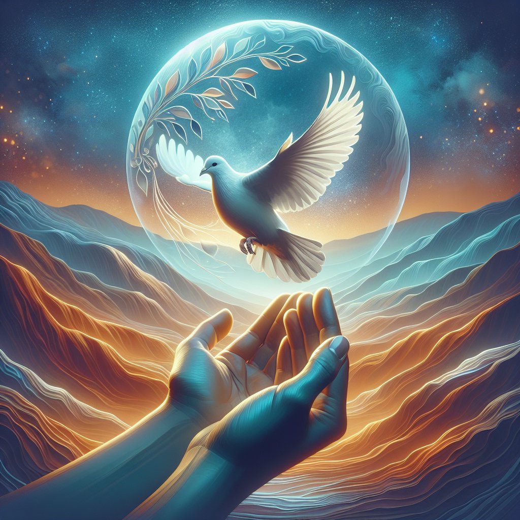 John 14:27 - "Peace I leave with you, my peace I give unto you: not as the world giveth, give I unto you. Let not your heart be troubled, neither let it be afraid."
Render a digital art interpretation of the Bible verse John 14:27 - 'Peace I leave with you, my peace I give unto you: not as the world giveth, give I unto you. Let not your heart be troubled, neither let it be afraid.' Show an overall feeling of peace and tranquillity. Use soft, soothing colors to evoke this sentiment and include symbolic imagery such as a peaceful landscape, a dove representing peace, or hands extending a gift to symbolize the giving of peace.