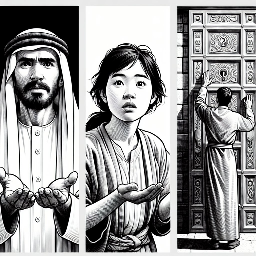 Black and white illustration
3 individuals;
one asking,
one seeking,
and one knocking
Monochrome, black and white illustration of three different individuals. The first, a Middle-Eastern man, is in the act of asking with his hands open in a question. The second, an Asian woman, appears to be searching, her eyes wide with curiosity, scanning the horizon. Lastly, a Caucasian man is seen knocking on a large, ornate door. These images incorporate the tidal elements of asking, seeking, and knocking as per Christian teachings. They are depicted in the subtle and delicate style of line art. This art should not include any textual elements but should be respectful, reverent, and evocative of devotional sentiment.