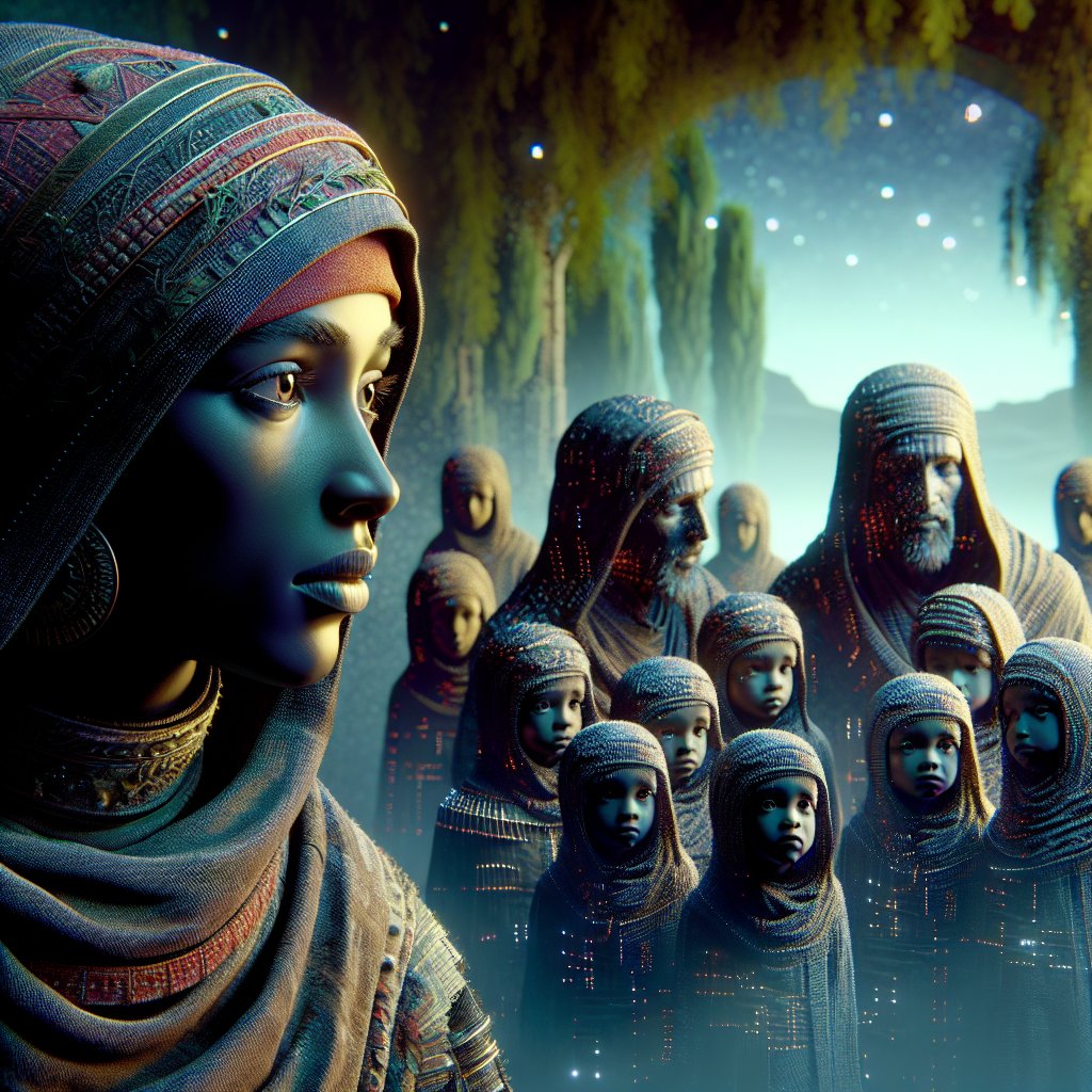 Job 39:16 - "She is hardened against her young ones, as though they were not hers: her labour is in vain without fear;"
A digital art rendering of a scene inspired by Job 39:16. It depicts a female figure gazing coolly upon several smaller figures, seemingly her offspring. Despite the evident physical similarities that suggest familial ties, there is a detached, hardened expression on the mother's face, as though regarding strangers. The atmosphere is intense and shows the seemingly fruitless labor she endures, with no trace of fear. The digital medium provides sharp contrasts, vivid colors, and subtle details to emphasize the underlying tension and intricate interpersonal dynamics.