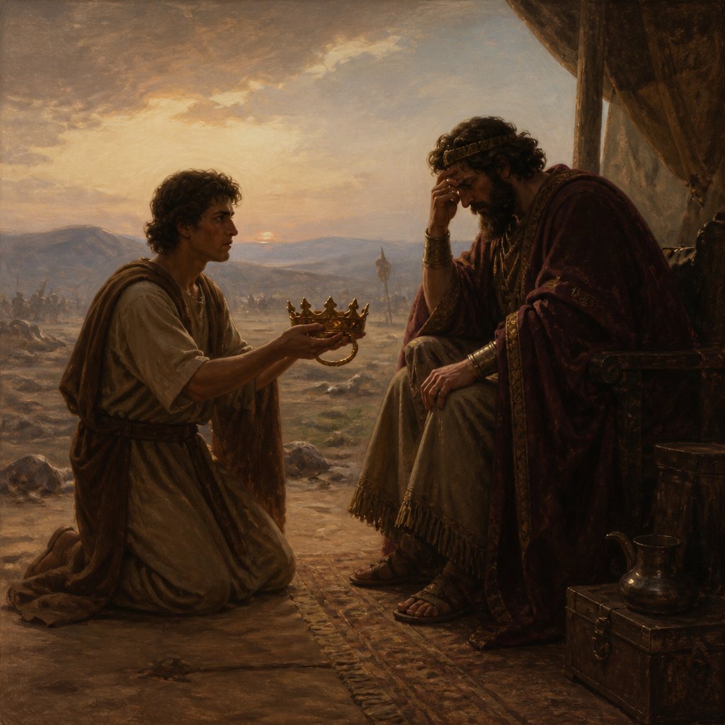 "So I stood upon him, and slew him, because I was sure that he could not live after that he was fallen: and I took the crown that was upon his head, and the bracelet that was on his arm, and have brought them hither unto my lord." - 2 Samuel 1:10