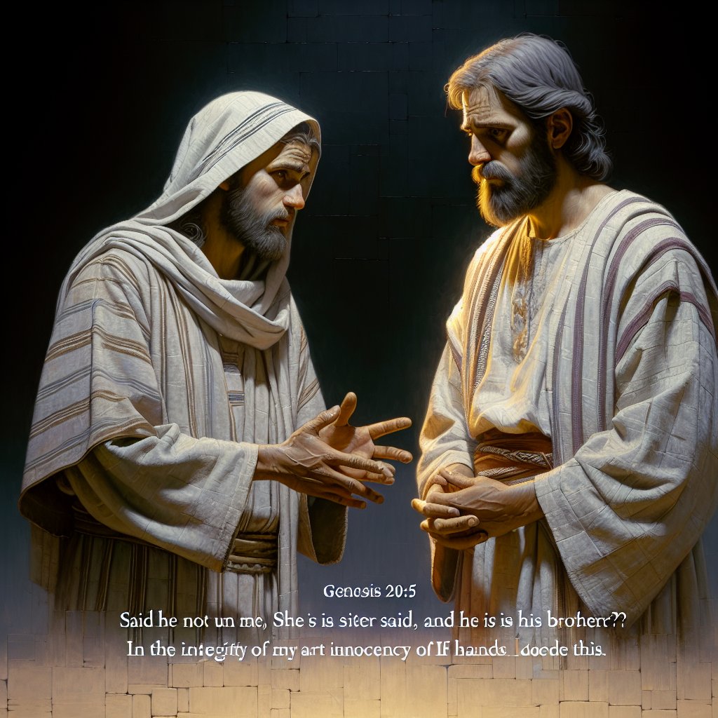 Genesis 20:5 - "Said he not unto me, She is my sister? and she, even she herself said, He is my brother: in the integrity of my heart and innocency of my hands have I done this."