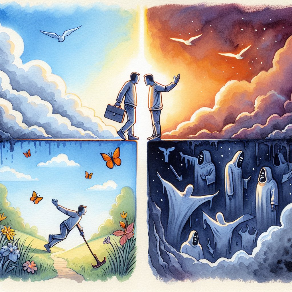 James 4:17 “If anyone, then, knows the good they ought to do and doesn’t do it, it is sin for them.”
A conceptual representation of the spirit of the verse James 4:17, where an individual recognises the good they ought to do, but abstains from it, all represented in an abstract way using watercolor. There might be an uplifting scene on one side demonstrating the positive actions they could perform, whereas on the other side, them abstaining, engendering a sense of regret. No text or words should be used in the illustration.