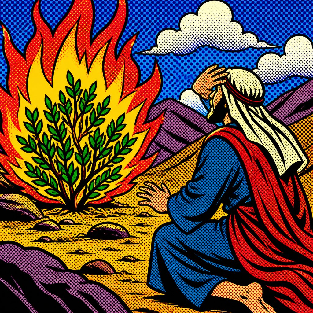 Create a pop art interpretation of the biblical passage from Exodus 3:1